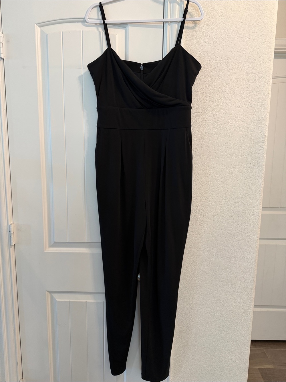 BEBE Black Spaghetti-Strap Jumpsuit w/ Crossover Detail, Sz L